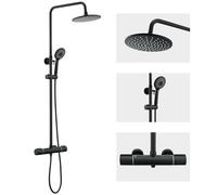 Auralum Colonne de Douche Thermostatique Anti-Brûlure, Ensemble de Douche avec Tête Ronde 9", Douchette 3 Jets, Flexible 1.5m et Barre Réglable 30cm, Finition Noir Haute Qualité, Kit Complet Douche