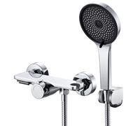 Auralum Mitigeur de Douche et Bain en Laiton Chrome - Robinet avec Bec Cascade Orientable, Douchette 5 Jets, Flexible Inox 1.5m et Tablette de Rangement Intégrée, Système de Douche de Rénovation