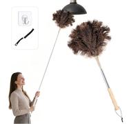 AURIVEE Plumeau Télescopique en Plumes d'Autruche, Extensible à 115 cm pour plafonds et Surfaces délicates, Nettoyage sans Rayures, Lavable, Manche Bambou Kaki avec Crochet et Brosse Interstices