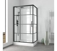 Cabine de douche 110x80cm / Receveur Haut - Verre transparent sérigraphié et Blanc - Profilés Noir