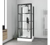 Cabine de douche Carrée 80x80x213 cm - Porte pivotante - Fond Blanc et Profilés Noir Mat - RUBIQ