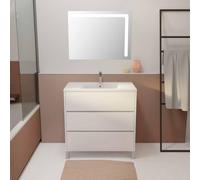 AURLANE Ensemble Meuble de Salle de Bain Blanc 80 cm sur Pied 3 tiroirs + Vasque ceramique Blanche + Miroir