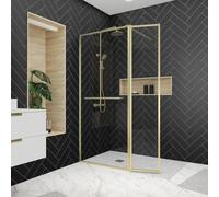Paroi de Douche avec Volet Pivotant 90+40x200 cm - Porte-serviette + Etagère Finition Or Doré Brossé