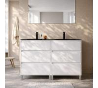 AURLANE Meuble de Salle de Bains 120cm Blanc 6 Tiroirs et Vasque Double Céramique Noire - Xenos