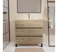 AURLANE Meuble de Salle de Bains 70 cm Timber - Décor Chêne Naturel 3 tiroirs avec Vasque Blanche