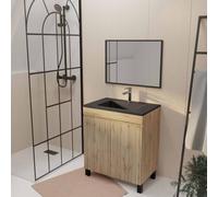 AURLANE Meuble de Salle de Bains 70cm Timber Décor Chêne Naturel à Portes Vasque Noire et Miroir 70x50