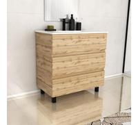 Meuble de salle de bains 80cm 3 Tiroirs_Chêne Naturel + Vasque céramique blanche - TIMBER 80