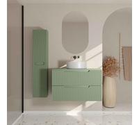 Meuble et colonne de Salle de Bains LEON 80cm Vert Olive - Façades Ondulées - Vasque Ronde 36cm