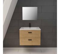 AURLANE Meuble Salle de Bain 60 cm Suspendu 2 tiroirs Finition Bois avec Vasque et Miroir - Box-in 60 Wood