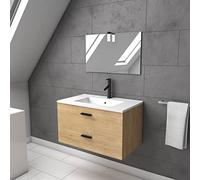 AURLANE Meuble Salle de Bain 80 cm Monte Suspendu Finition Bois - tiroirs Soft Close - Vasque et Miroir