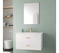 Meuble Salle de Bains 80 cm Laqué Blanc et Or Doré à Tiroirs avec Vasque Céramique et Miroir