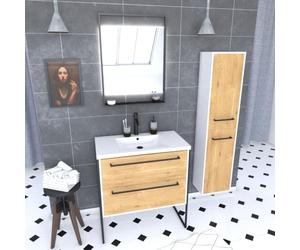 AURLANE Meuble Salle de Bains 80 cm, Vasque Blanche, Miroir LED et Colonne - Blanc et Chêne - STRUCTURA