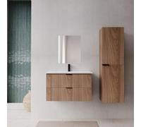 AURLANE Pack Meuble Salle de Bain 80cm et Colonne de Rangement - Façades Ondulées Décor Bois - Milo