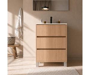 AURLANE Pack Meuble Salle de Bains 50cm Chêne Clair 3 tiroirs avec Vasque Céramique Blanche - Xenos