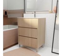 AURLANE Pack Meuble Salle de Bains 60 cm Chêne Clair, 3 tiroirs avec Vasque Céramique - Xenos