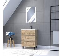 AURLANE Pack Meuble SDB 60cm sur Pieds 3 tiroirs Chene_Vasque Blanche + Miroir LED - Timber 60_Pack16