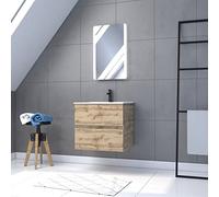 AURLANE Pack Meuble SDB 60cm Suspendu 2 tiroirs Chene_Vasque Blanche + Miroir LED - Timber 60_Pack10