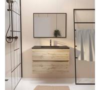 AURLANE Pack Meuble SDB 80cm Suspendu 2 tiroirs Chene_Vasque Noire + Miroir - Timber 80_Pack11
