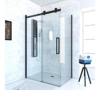Porte de douche coulissante 140x200 cm noir mat - rail soft close + RETOUR 80 cm