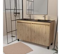 Meuble de salle de bains 120 cm 4 Portes Chêne Naturel + Vasque Double Céramique Noire - TIMBER
