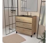 Meuble de salle de bains 80 cm 3 Tiroirs Chêne Naturel + Vasque Céramique Noire - TIMBER