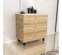 Meuble de salle de bains 80cm 3 Tiroirs_Chêne Naturel + Vasque céramique blanche - TIMBER 80