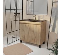 Meuble de salle de bains 80 cm 2 Portes Chêne Naturel + Vasque Céramique Noire - TIMBER