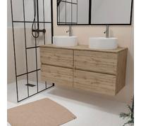 Meuble Salle de Bains 120cm 4 Tiroirs Chêne Naturel - 2 Vasques Rondes 41cm en Céramique Blanche