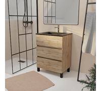 Meuble de salle de bains 60 cm 3 Tiroirs Chêne Naturel + Vasque Céramique Noire - TIMBER