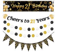 Aurmonigo Décorations de 21e anniversaire pour elle - Bannière noire et dorée « Cheers to 21 Years Happy 21st Birthday », guirlande de fanions pour femmes et hommes de 21 ans