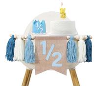 Auroriel 1/2 Anniversaire Garçon Chaise Haute Bannière 6 Mois Guirlande avec Franges Perles en Bois Bleu Décoration de Demi-Anniversaire Chambre d'enfant Salle de Fête Dé