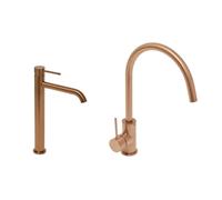 Aurum set mitigeur lavabo haut acier inoxydable + mitigeur cuisine avec bras pivotant, or rose (SATBR2805BRG)