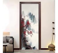 Auto-adhésif Autocollant Porte Affiche 3D 77x200 cm Peinture Paysage à L'Encre Chinoise Imperméable et Résistant à la Stickers Porte Gris Vinyle Porte Autocollants pour Chambre Salle de Bain Cuisine