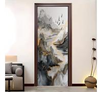 Auto-adhésif Autocollant Porte Affiche 3D 83x205 cm Peinture à L'Encre Chinoise Imperméable et Résistant à la Stickers Porte Gris Vinyle Porte Autocollants pour Chambre Salle de Bain Cuisine