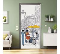Autocollant de Porte 77 x 200 cm Vintage Amovible en Vinyle PVC 3D Sticker Poster Porte Trompe Imperméable pour Décoration de Maison Salle de Bain, Architecture Noir Saxophone Réverbère Parapluie