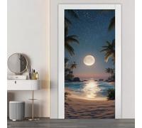 Autocollant de Porte Plage Mer 80x200 cm Ciel Lunaire Palmiers Papier Peint pour Chambre Salon Imperméable Stickers Porte, Autocollant Auto-Adhésif Vinyle Stickers Muraux