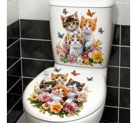 Autocollant de toilette mignon avec chat et fleurs, autocollant imperméable et auto-adhésif pour couvercle de toilette, autocollant mural avec papillon et chaton, stickers muraux, décoration murale, d
