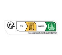 Autocollant étiquette Info-tri - Emballage Étui Sac avec Flacon en Verre - Planche de 42 Stickers H1,9 x L6,9 cm