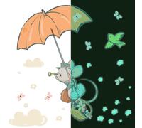 Autocollant lumineux – Souris avec parapluie – Autocollant fluorescent pour mur ou plafond pour enfants – 110 x 70 cm