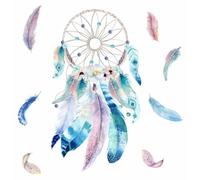 Autocollant mural "Attrape-rêves" bleu avec des plumes - Disponible en 6 tailles, style aquarelle