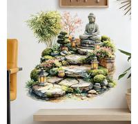Autocollant mural de statue de Bouddha de jardin zen à l'aquarelle, décalcomanie murale amovible auto-adhésive avec lanterne en bambou, décoration murale pour le salon, la chambre, le bureau graphique