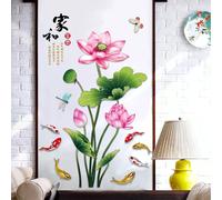 Autocollant mural décoratif style chinois vintage, motif fleur de lotus et poisson, décoration artistique, papier peint décoratif amovible pour salon~00369