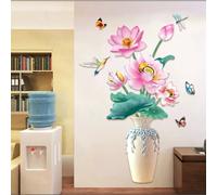 Autocollant mural décoratif style chinois vintage, motif fleur de lotus et poisson, décoration artistique, papier peint décoratif amovible pour salon~00368