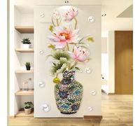 Autocollant mural décoratif style chinois vintage, motif fleur de lotus et poisson, décoration artistique, papier peint décoratif amovible pour salon~00373