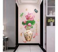 Autocollant mural décoratif style chinois vintage, motif fleur de lotus et poisson, décoration artistique, papier peint décoratif amovible pour salon~00055