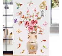 Autocollant mural décoratif style chinois vintage, motif fleur de lotus et poisson, décoration artistique, papier peint décoratif amovible pour salon~00372