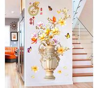 Autocollant mural décoratif style chinois vintage, motif fleur de lotus et poisson, décoration artistique, papier peint décoratif amovible pour salon~00374
