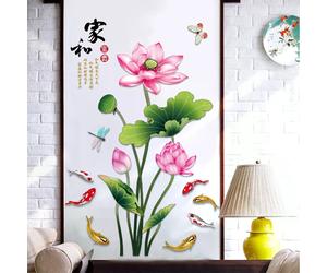 Autocollant mural décoratif style chinois vintage, motif fleur de lotus et poisson, décoration artistique, papier peint décoratif amovible pour salon~00369