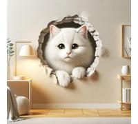 Autocollant mural Decords – adorable chat blanc en effet 3D, comme s'il sortait d'un mur, dimensions : 221 x 221 cm