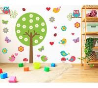 Autocollant mural Decords – Arbre pour chambre d'enfant, avec des hiboux, des oiseaux et des papillons, 130 cm